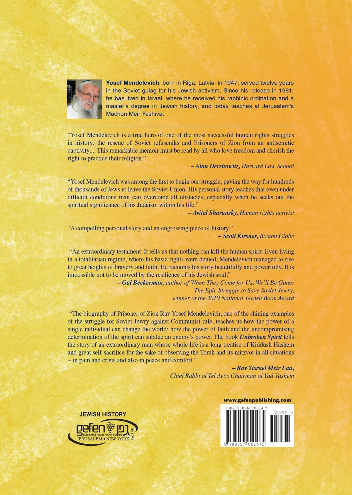Unbroken Spirit by Yosef Mendelevich – back cover