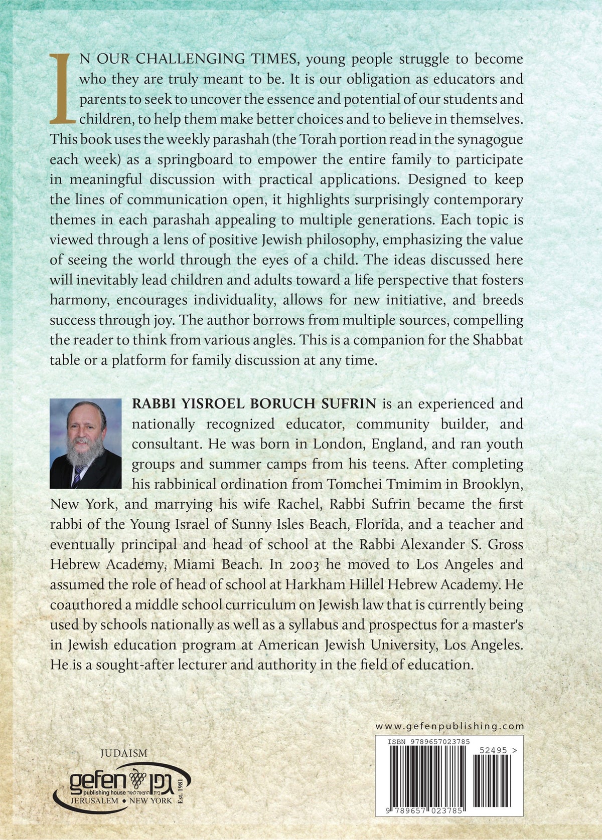 Parenting and Parashah by Yisroel Boruch Sufrin – back cover