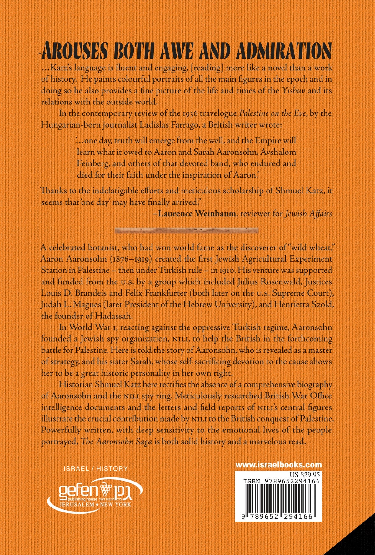 The Aaronsohn Saga by Shmuel Katz – back cover